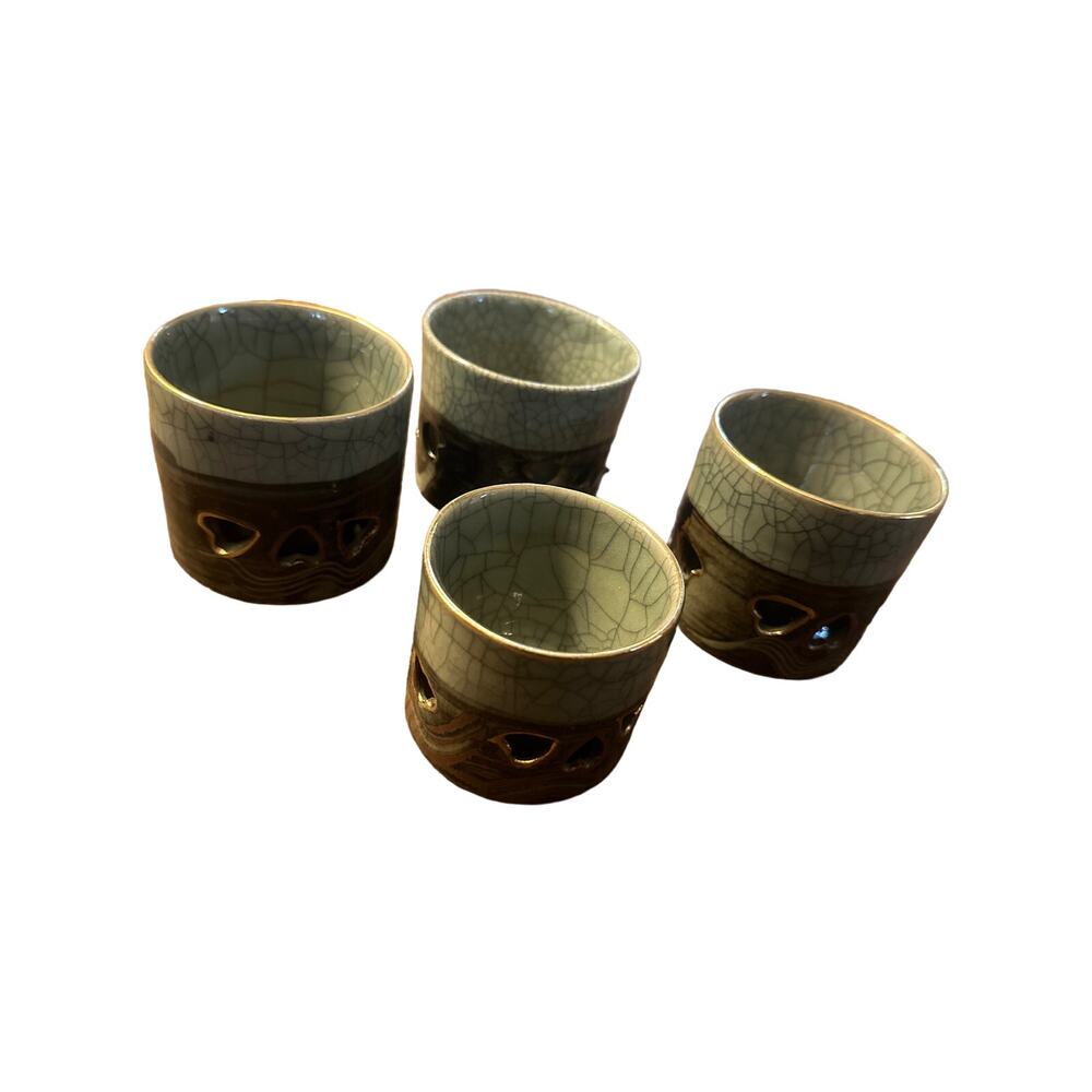 Vintage Set x 4 Japanese Somayaki Crackle Glaze Double Wall Heart Soma Tea Cups